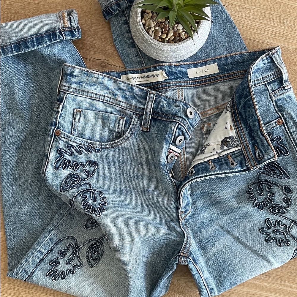 Pilcro.  Embroidered High Rise Slim Straight Jeans